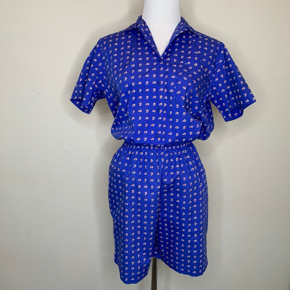 Vintage Matched Set 80s 90s Blue Button Up Cotton Pull On Shorts Sz Small